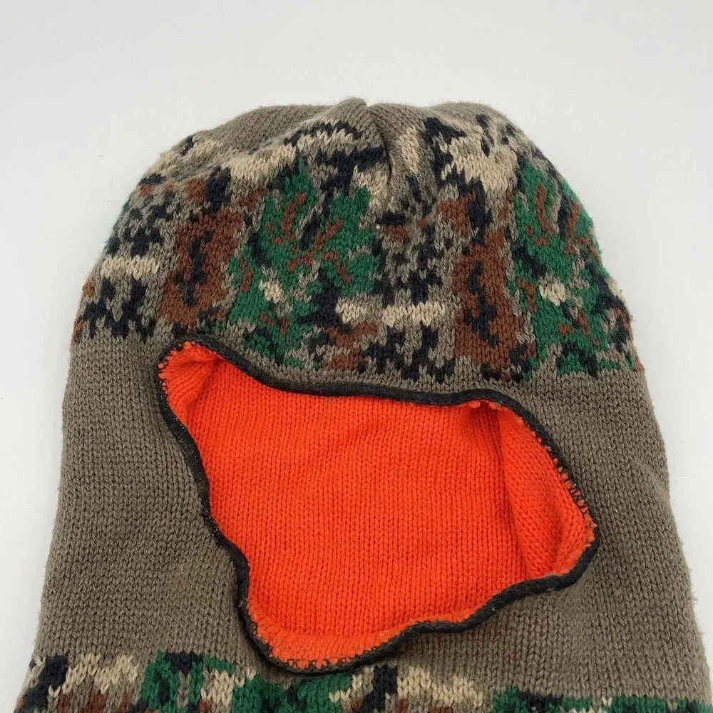 Vintage Knit Ski Mask Camo Face Cover Balaclava Hunting Cold Weather Orange